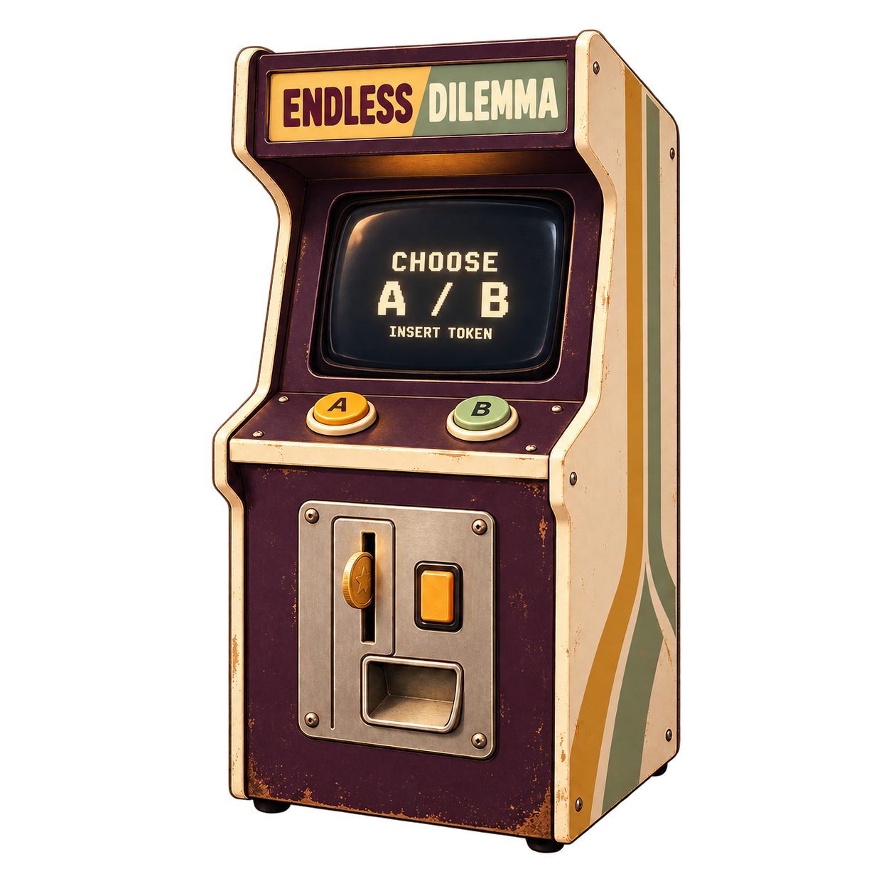 A worn plum-and-cream Endless Dilemma arcade cabinet with A and B buttons and a coin slot